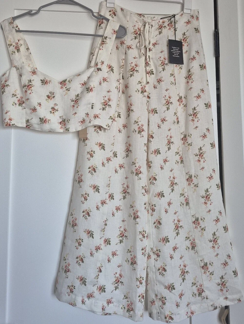 NWT Reformation Cream Set Floral Crop Top & Cropped Wide-Leg Pants, Size 8